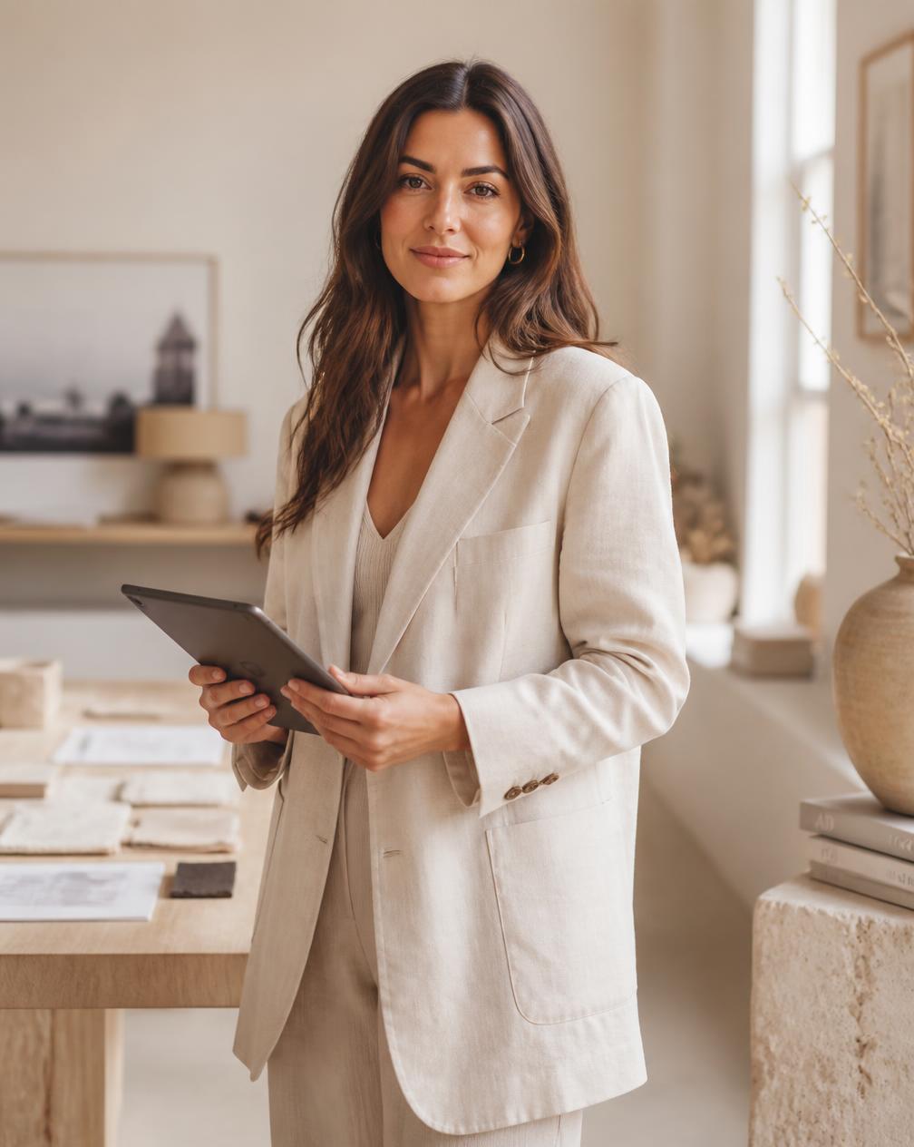 Creative professional in a warm minimal studio reviewing work on a tablet