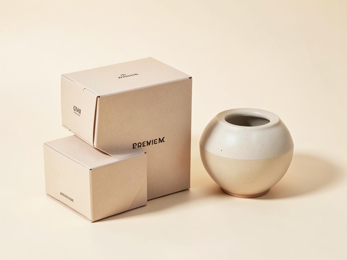 Minimal beige packaging and a ceramic vessel on a cream backdrop